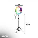 Set Lampa circulara Ring Light LED RGBW + telecomanda selfie NEXTLY, lumina calda/rece/neutra/RGB, multiple moduri de iluminare RGB, 12 trepte de intensitate, suport telefon, telecomanda pe fir, alimentare USB, trepied 210cm, diametru 35cm - imagine 9
