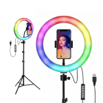 Lampa circulara Ring Light LED RGBW NEXTLY, lumina calda/rece/neutra/RGB, multiple moduri de iluminare RGB, 12 trepte de intensitate, suport telefon, telecomanda pe fir, alimentare USB, trepied 210cm, diametru 30cm