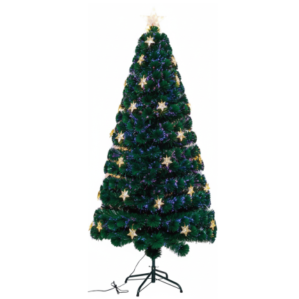 Brad artificial de craciun NEXTLY, 120CM inaltime, 130 de ramuri, iluminare incorporata, fibra luminoasa multicolor, stele luminoase alb cald, stea varf iluminata, suport inclus, verde