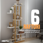 Suport pentru ghivece NEXTLY, stand pentru flori, plante si alte obiecte, 6 rafturi, interior/exterior, stabil, lemn si metal, 60x20x113cm, alb-auriu - imagine 5