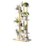 Suport pentru ghivece NEXTLY, stand pentru flori, plante si alte obiecte, 6 rafturi, interior/exterior, stabil, lemn si metal, 60x20x113cm, alb-auriu