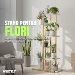 Suport pentru ghivece NEXTLY, stand pentru flori, plante si alte obiecte, 6 rafturi, interior/exterior, stabil, lemn si metal, 60x20x113cm, alb-auriu - imagine 2