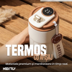 Termos cu afisaj digital temperatura NEXTLY, portabil, snur de agatare, izolare puternica, otel inoxidabil, 450ml, 17x7cm, crem-maro - imagine 2