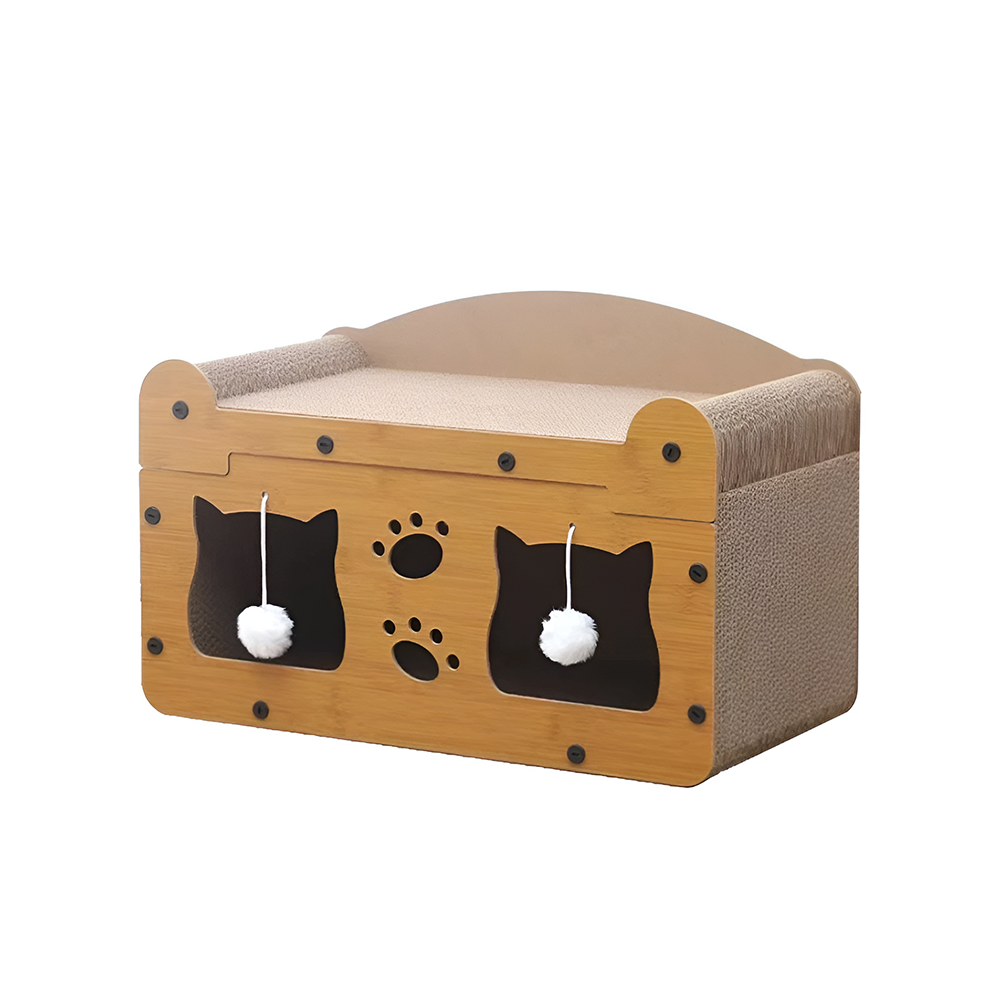 1ffb9866bdc62d97be0c540a46ea063f.png Casuta 2 in 1 pentru pisici NEXTLY, culcus cu spatiu de joaca si textura pentru zgariat, mingi suspendate, spatios, 51x27x30cm, maro - imagine 1