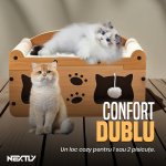 Casuta 2 in 1 pentru pisici NEXTLY, culcus cu spatiu de joaca si textura pentru zgariat, mingi suspendate, spatios, 51x27x30cm, maro - imagine 3