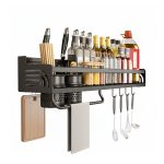 Organizator de perete pentru bucatarie NEXTLY, suport pentru ustensile/tacamuri/prosoape, carlige mobile, fixare cu suruburi/adeziv, metalic, 70x12.5x10cm, negru