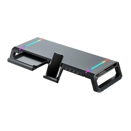 Stand pentru monitor/laptop multifunctional NEXTLY, suport telefon/accesorii, 4 porturi USB, iluminare ambientala RGB, design pliabil/reglabil, 41x20cm, negru