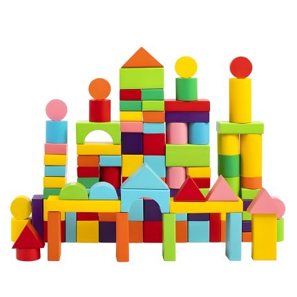 Set joaca constructii NEXTLY, 100 de piese colorate din lemn, diferite forme si marimi, vopsea ecologica si non-toxica, 3+ ani, multicolor