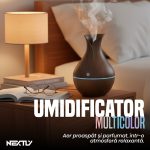 Difuzor de aromaterapie NEXTLY, design tip vaza, imitatie lemn, buton touch, iluminare LED RGB 7 culori, 130ml, ultra-silentios, maro inchis - imagine 2