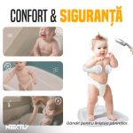 Suport reglabil copii pentru baie NEXTLY, stand de dus pentru mentinerea copilului in pozitie verticala, brate extensibile, utilizare fato-verso, baza stabila, covoras si scaunel anti-alunecare, inaltime ajustabila 50-63cm, alb-gri - imagine 5