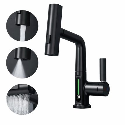 Baterie pentru chiuveta NEXTLY, pentru bucatarie si baie, cap extensibil si retractabil, 3 moduri de jet - aerat/sub presiune/tip cascada, afisaj LED cu iluminare temperatura, rotire la 360°, ajustabil pe inaltime, negru mat