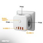 Adaptor de priza universal 7 in 1 NEXTLY, tripla 3 prize Schuko/3 USB-A/1 USB-C, portabil, buton ON/OFF, multiple protectii, carcasa PC ignifuga, 7.5x6.3x7.5cm, alb - imagine 3