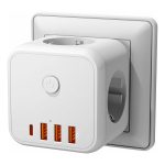 Adaptor de priza universal 7 in 1 NEXTLY, tripla 3 prize Schuko/3 USB-A/1 USB-C, portabil, buton ON/OFF, multiple protectii, carcasa PC ignifuga, 7.5x6.3x7.5cm, alb