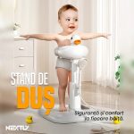 Suport reglabil copii pentru baie NEXTLY, stand de dus pentru mentinerea copilului in pozitie verticala, brate extensibile, utilizare fato-verso, baza stabila, covoras si scaunel anti-alunecare, inaltime ajustabila 50-63cm, alb-gri - imagine 2