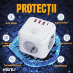Adaptor de priza universal 7 in 1 NEXTLY, tripla 3 prize Schuko/3 USB-A/1 USB-C, portabil, buton ON/OFF, multiple protectii, carcasa PC ignifuga, 7.5x6.3x7.5cm, alb - imagine 5