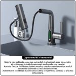 Baterie pentru chiuveta NEXTLY, pentru bucatarie si baie, cap extensibil si retractabil, 3 moduri de jet - aerat/sub presiune/tip cascada, afisaj LED cu iluminare temperatura, rotire la 360°, ajustabil pe inaltime, negru mat - imagine 6