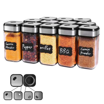 Set 12 recipiente condimente sticla NEXTLY, etansare solida, capace cu orificii reglabile, transparent-gri, 10x4.5cm
