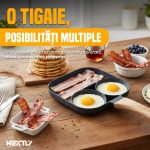 Tigaie antiaderenta cu 3 compartimente NEXTLY, pentru mic dejun, aluminiu, maner lemn detasabil, 17x17x2cm, gri - imagine 3