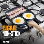 Tigaie antiaderenta cu 3 compartimente NEXTLY, pentru mic dejun, aluminiu, maner lemn detasabil, 17x17x2cm, gri - imagine 2