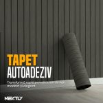Rola tapet autoadeziv 3D premium tip riflaj NEXTLY, imitatie lemn, rezistent la apa, spuma moale si pvc, 3 mm grosime, adeziv puternic, 60x300cm, gri grafit inchis - imagine 3