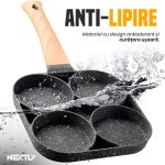Tigaie antiaderenta cu 4 compartimente NEXTLY, pentru mic dejun, aluminiu, maner lemn detasabil, 17x17x2cm, gri - imagine 6