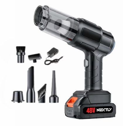 Aspirator portabil multifunctional NEXTLY, auto si casa, functii de aspirare/suflare/vidare/umflare, 6 accesorii, motor puternic, baterie inclusa, 27x22cm, negru