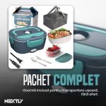 Caserola termica electrica NEXTLY 1.5L, bol inox 304, set tacamuri si geanta transport, 21.8x14.5x10cm, alb-albastru - imagine 3
