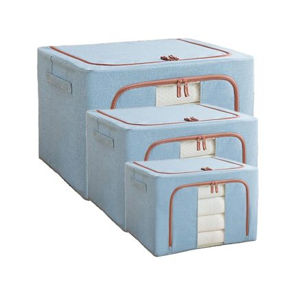 Set 3 x Organizator pentru haine, perne, pilote, jucarii si alte accesorii NEXTLY, 3 marimi - 24/66/100 litri, cutie depozitare pliabila cu manere, cadru metalic, fereastra de vizualizare, material respirabil, inchidere cu fermoar, albastru deschis
